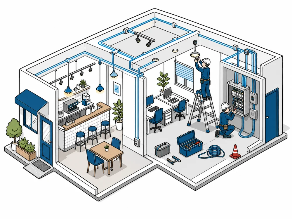 店舗の照明・配線・分電盤工事のイラスト