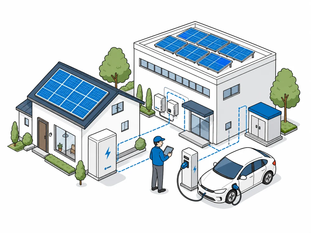太陽光発電・蓄電池・V2Hのイラスト