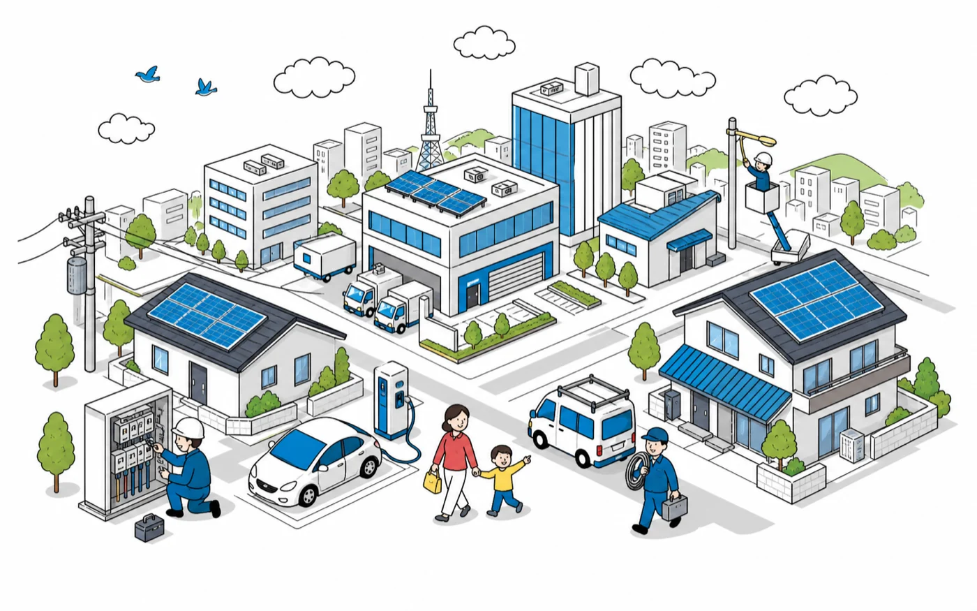 仙台・宮城の暮らしと事業を支える電気設備のイラスト