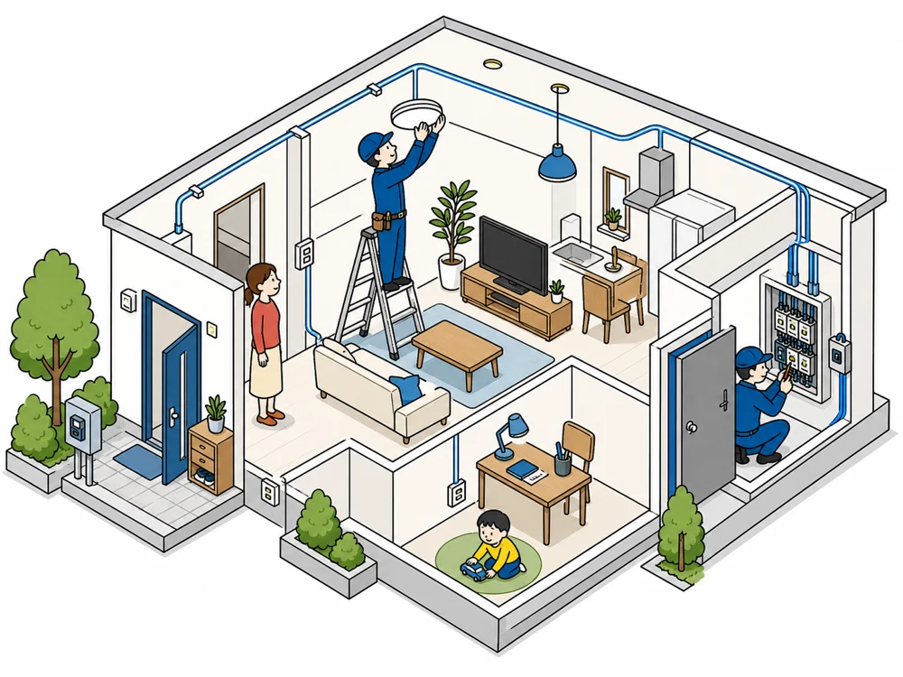 住宅の照明・コンセント・分電盤工事のイラスト